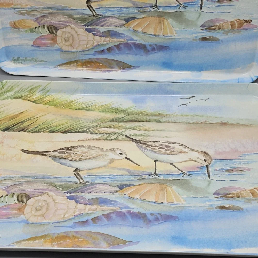Vtg Melplus Birds Shells Sea Serving Trays Kathleen Parr SET Of 2 17.5X12 Italy